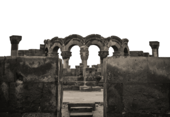 View of ancient column in Zvartnos temple isolated PNG photo with transparent background.