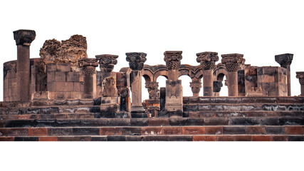 View of ancient column in Zvartnos temple isolated PNG photo with transparent background. © Natalya Nepran