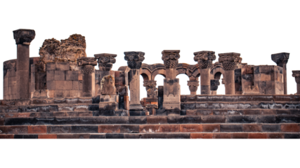 View of ancient column in Zvartnos temple isolated PNG photo with transparent background.