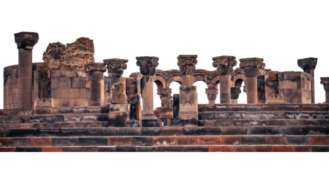 View of ancient column in Zvartnos temple isolated PNG photo with transparent background.