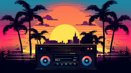 Retrowave Retro Radio Musikbox mit Palmen und Sonnenuntergang. Synthwave, Futuresynth, Outrun. Querformat. Generative Ai.