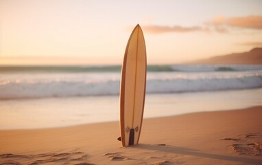 Exquisite Stock Photo: Surfboard Gracefully Upright in Sandy Beach, Background of Powerful Wave, Generative AI