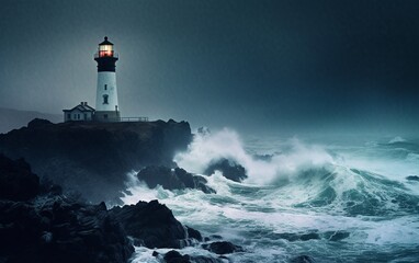 Fototapeta na wymiar Lighthouse in the Storm: Iconic Beacon Illuminates the Rugged Coastline Amidst Turmoil, Generative AI