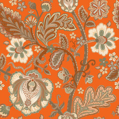 Indian seamless pattern on orange background.  - 609041226