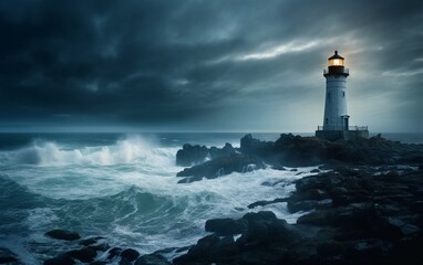 Lighthouse in the Storm: Iconic Beacon Illuminates the Rugged Coastline Amidst Turmoil, Generative AI