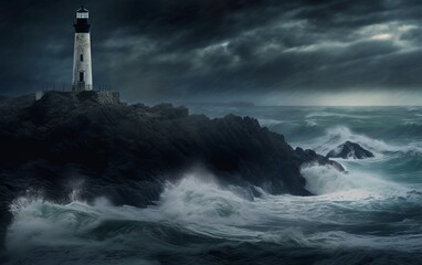 Lighthouse in the Storm: Iconic Beacon Illuminates the Rugged Coastline Amidst Turmoil, Generative AI