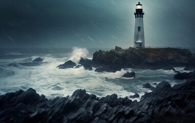 Lighthouse in the Storm: Iconic Beacon Illuminates the Rugged Coastline Amidst Turmoil, Generative AI