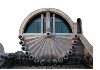 Modern fountain with ethnic motives sculpture isolated PNG photo with transparent background.