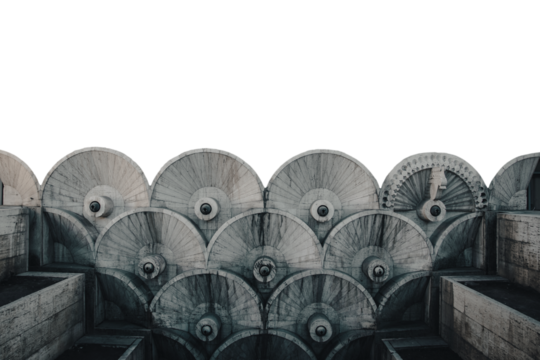 Carved round shape exterior elements, modern architecture isolated PNG photo with transparent background.