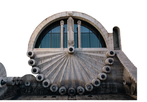 Modern fountain with ethnic motives sculpture isolated PNG photo with transparent background.