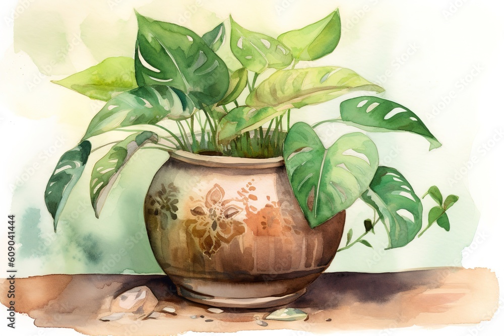 Poster a picture of a plant in a container sitting on a table. generative ai
