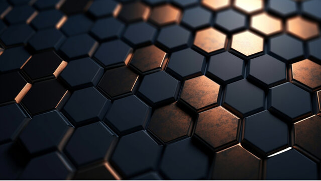 abstract black hexagon backgrounds, in the style of rendered in unreal engine, indigo and bronze, kimoicore, sleek metallic finish, 32k uhd, abstract structures, modern and sleek, generate AI Art
