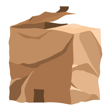 Damaged cardboard box. Crumpled brown bag for storage. Retail, logistics, delivery, storage concept. Cartoon broken package. Wrinkled container. Vector poor quality delivery or warehouse storage