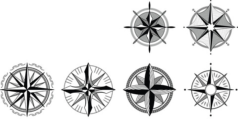 Wind rose compass. Navigation device with indication of the cardinal directions. Sign of vector nautical compass