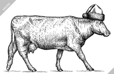 Vintage engraving isolated cow set dressed christmas illustration ink santa costume sketch. Farm bull background beef animal silhouette new year hat art. Black and white hand drawn vector image