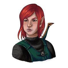 PNG transparent background fantasy character illustration. Female elf, half-elf ranger, hunter, warrior. digital illustration.