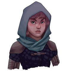 PNG transparent background fantasy character illustration. Female human ranger, hunter, assasin, rouge. digital illustration.