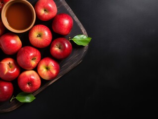 Red apples on black background, copy space, cutting board top view