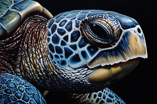 a picture of a turtle on a dark backdrop, with the turtle in black. Generative AI