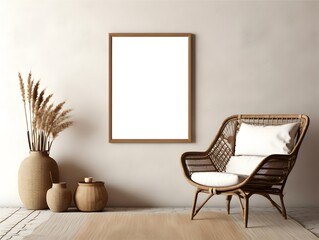 Blank wooden picture frame on a wall in minimalist Scandinavian interior. Modern boho style interior with a chair