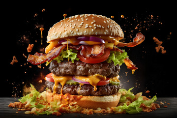 Delicious fresh Big and tasty Juicy burger with beef patty, pickles, cheese, tomato, onion, lettuce and ketchup mustard. Generative ai