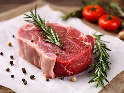 Fresh raw meat with rosemary and spices, closeup