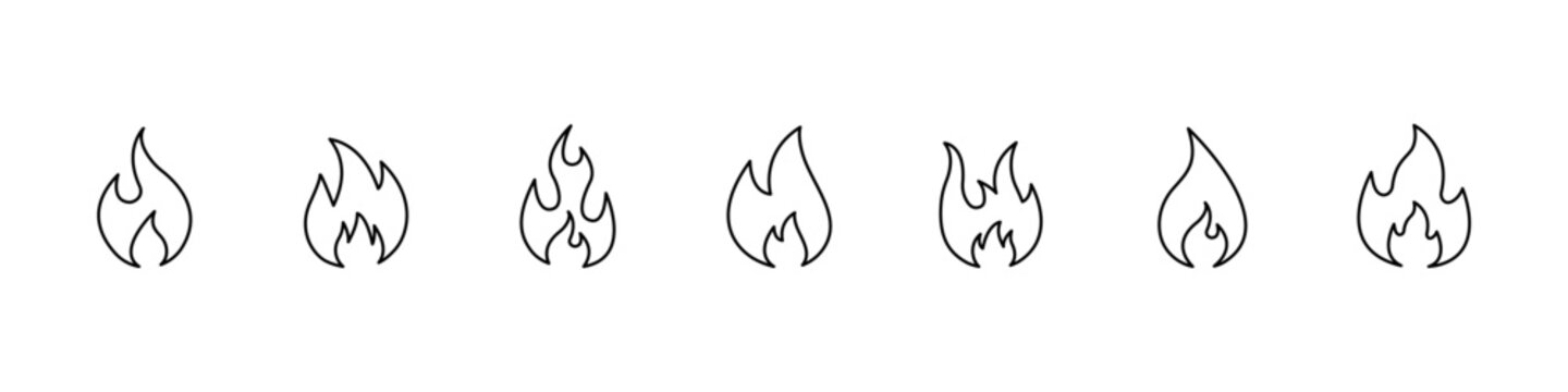 Fire, flame icon collection. Bonfire, fire line  icons. Flame signs 
