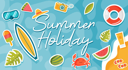 Summer holiday - title and colorful editable vector illustrations - Set of positive illustrations - beach, waves and sand