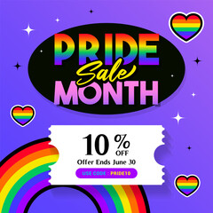 Pride month sale promotion card vector illustration. Cute rainbow heart on purple background