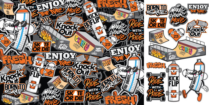 A set of colorful sticker art designs of skateboard illustrations in graffiti style. Graffiti sticker design artwork 
