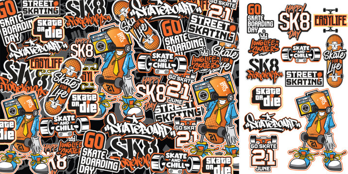 A set of colorful sticker art designs of skateboard illustrations in graffiti style. Graffiti sticker design artwork 
