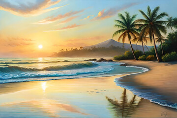 Fototapeta na wymiar A serene beachscape at sunrise, with golden rays of light painting the sky and shimmering on the calm waters, palm trees swaying gently in the breeze, and a sense of tranquility and serenity pervading
