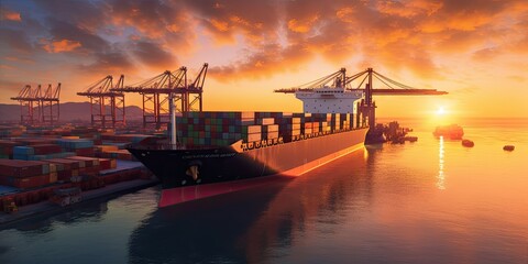 Harboring business. Industrial port and shipping industry. Transport and trade on sunset serenade. Oceanic transportation and commerce - obrazy, fototapety, plakaty