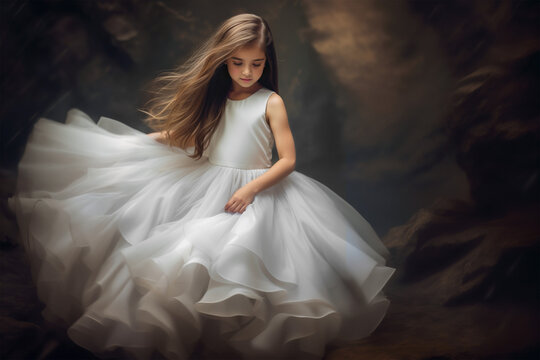 A Little Girl in a White Dress Posing: A Realistic Fantasy Illustration Made with Generative AI