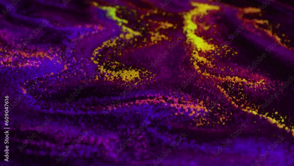 Poster abstract macro slow motion shot of multicolored particles fluid isolated on black. fluid art drawing