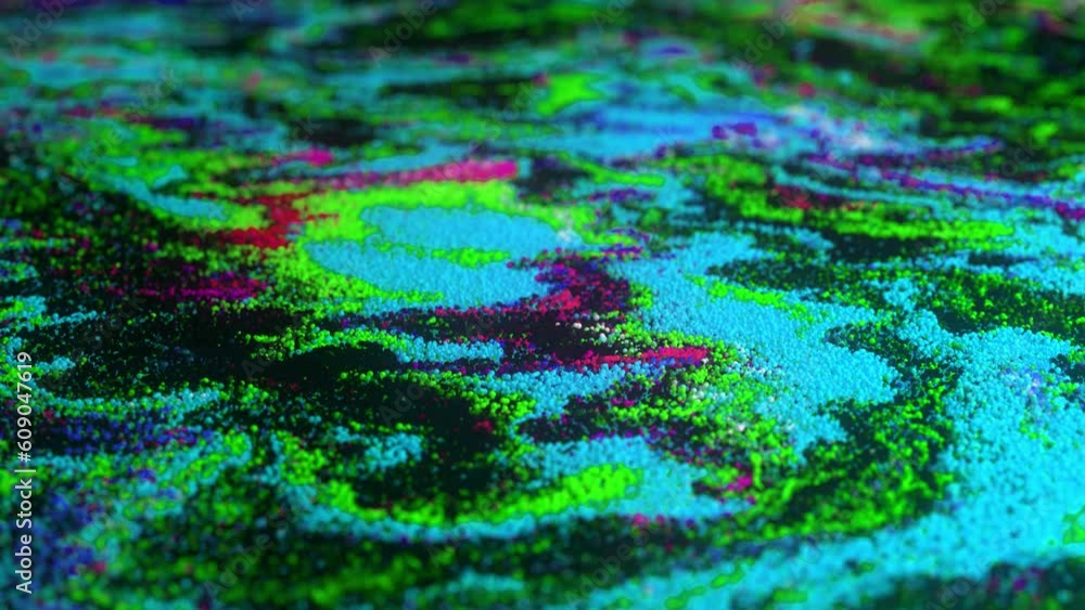 Poster abstract macro slow motion shot of multicolored particles fluid isolated on black. fluid art drawing