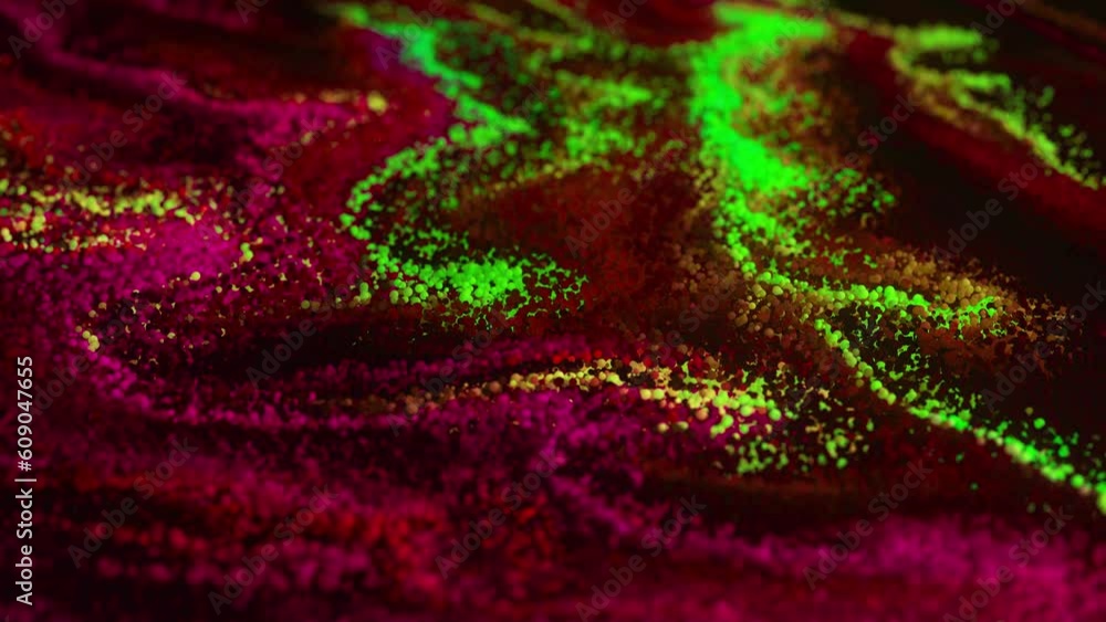 Poster abstract macro slow motion shot of multicolored particles fluid isolated on black. fluid art drawing