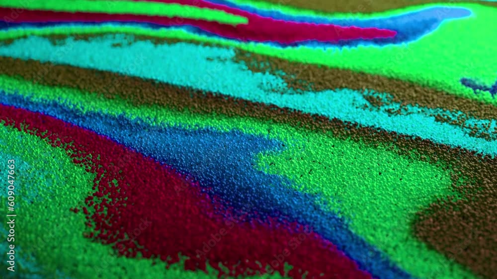 Poster abstract macro slow motion shot of multicolored particles fluid isolated on black. fluid art drawing