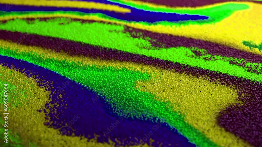 Poster abstract macro slow motion shot of multicolored particles fluid isolated on black. fluid art drawing