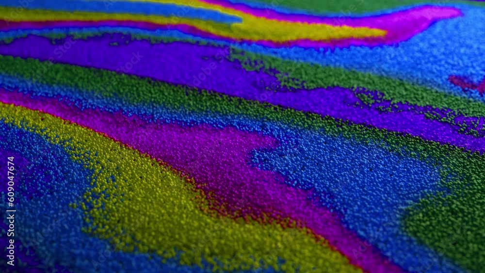 Poster abstract macro slow motion shot of multicolored particles fluid isolated on black. fluid art drawing