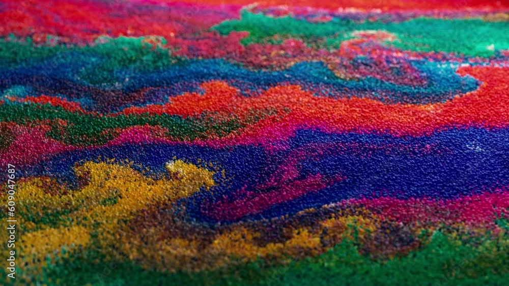 Poster abstract macro slow motion shot of multicolored particles fluid isolated on black. fluid art drawing
