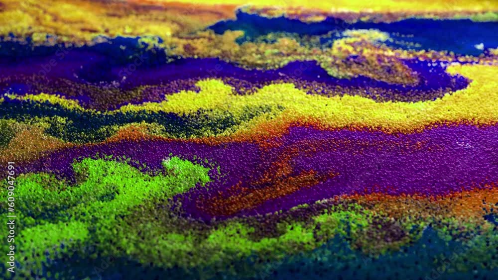 Poster abstract macro slow motion shot of multicolored particles fluid isolated on black. fluid art drawing