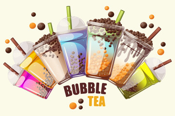 Background with bubble tea.Bubble tea with tapioca in plastic cups.Web banner.Vector illustration.