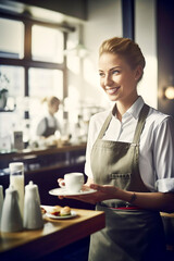 Fototapeta premium Nice and smiling waitress while working in a café. AI generativ.