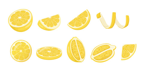 Whole yellow lemon with lemon fruit slice, round slices. Lemon peel spiral. Pieces of lemon citrus fruit, vector illustration. Big lemon set. - obrazy, fototapety, plakaty