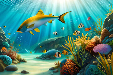 Fototapeta na wymiar A majestic underwater scene with a coral reef teeming with vibrant marine life, schools of tropical fish gliding through the crystal-clear waters, and rays of sunlight filtering through the depths