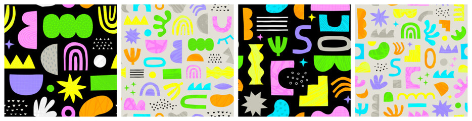 Abstract organic shape seamless pattern set with colorful geometric doodles. Flat cartoon background collection, simple random shapes in bright childish colors. 