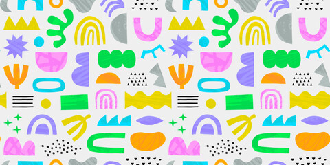Abstract organic shape seamless pattern with colorful geometric doodles. Flat cartoon background, simple random shapes in bright childish colors. 