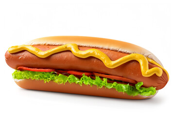 Hotdog with mustard, lettuce and tomato isolated on white background