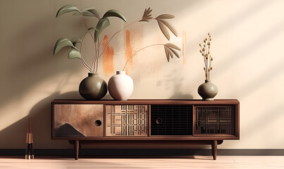Scandinavian interior design of living room with rattan console, wooden chair, mock up poster frame, pampas in vase and trendy home accessories. Generative Ai